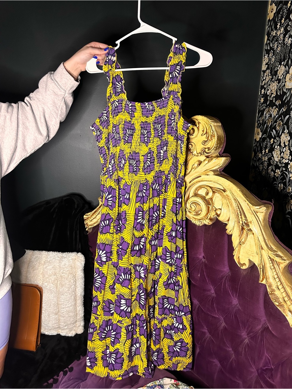 VINTAGE Yellow & Purple Floral Smocked Sundress